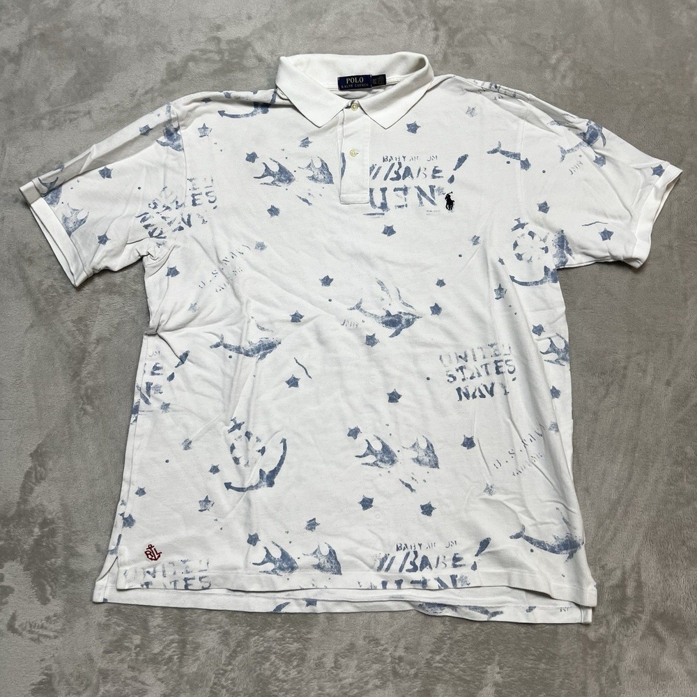 Polo Ralph Lauren XLT Mens White Blue Nautical US Navy Stencil Print Polo Shirt